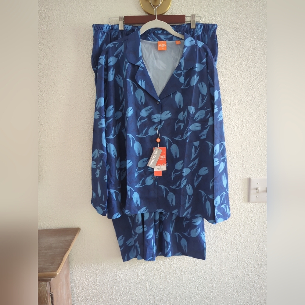 NWT Pajamas Set Con.Struct Floral Print Blue Women's Elastc Waist Pant  XXL